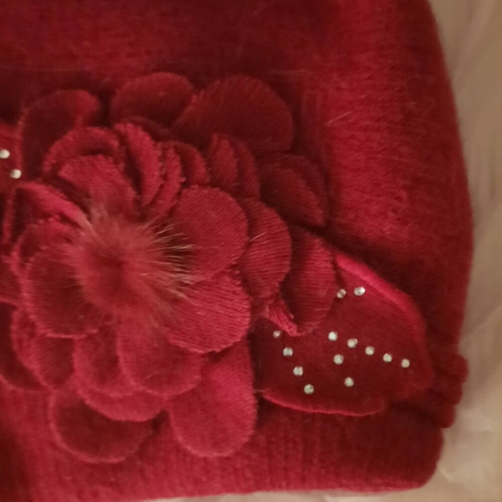 Brand New Burgundy Color Winter Rabbit and Wool Knitted Hat with Flower - Picture 2 of 4